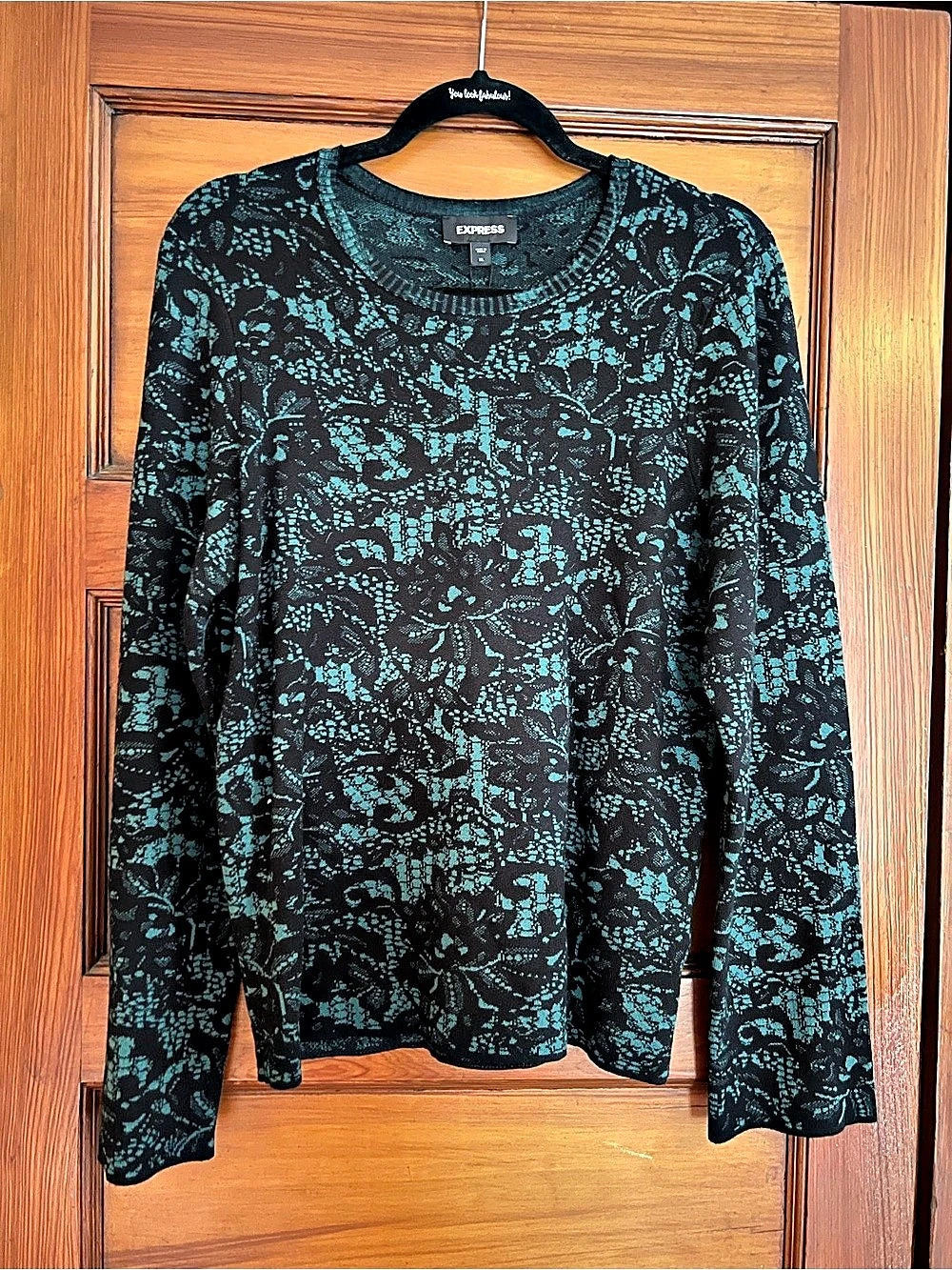 Express Black Teal Floral Jacquard Sweater XL NWT